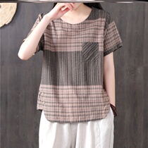 Plain cotton linen womens original summer new retro literary large size plaid round neck short sleeve T-shirt loose top