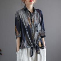 Retro Printed Vegan Cotton Linen Dress Shirt Woman Middle Sleeve Casual Flap Linen Shirt Summer Loose Slim Fit Blouse Blouse