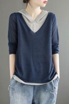 Plain flagship store womens literary retro knitwear womens fake two-piece hooded T-shirt large size giant thin top autumn