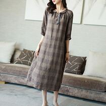 Vegetarian linen womens dress 2022 New summer checkered dress Skirt Woman mid-sleeves Long dress Loose Big Code Slim Weight Loss
