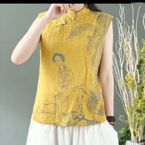 Plain cotton and hemp womens original literary retro oblique lapel vest plate buckle vest womens Chinese style sleeveless waistcoat