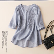 Plain cotton and Hemp womens original heavy embroidery shirt middle sleeve V-neck literary retro loose large size shirt T-shirt women