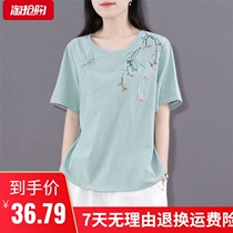 Literary retro plain cotton linen womens T-shirt womens loose Chinese buckle short top summer Chinese style round neck
