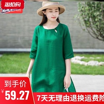 Retro ethnic style plain cotton linen womens original long top womens summer sleeves simple round neck pullover long shirt