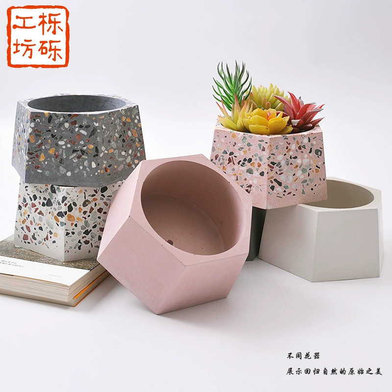 Xưởng sỏi sồi Phong cách Bắc Âu bê tông xi măng lục giác chậu hoa cây xương rồng hoa terrazzo bình xi măng - Vase / Bồn hoa & Kệ