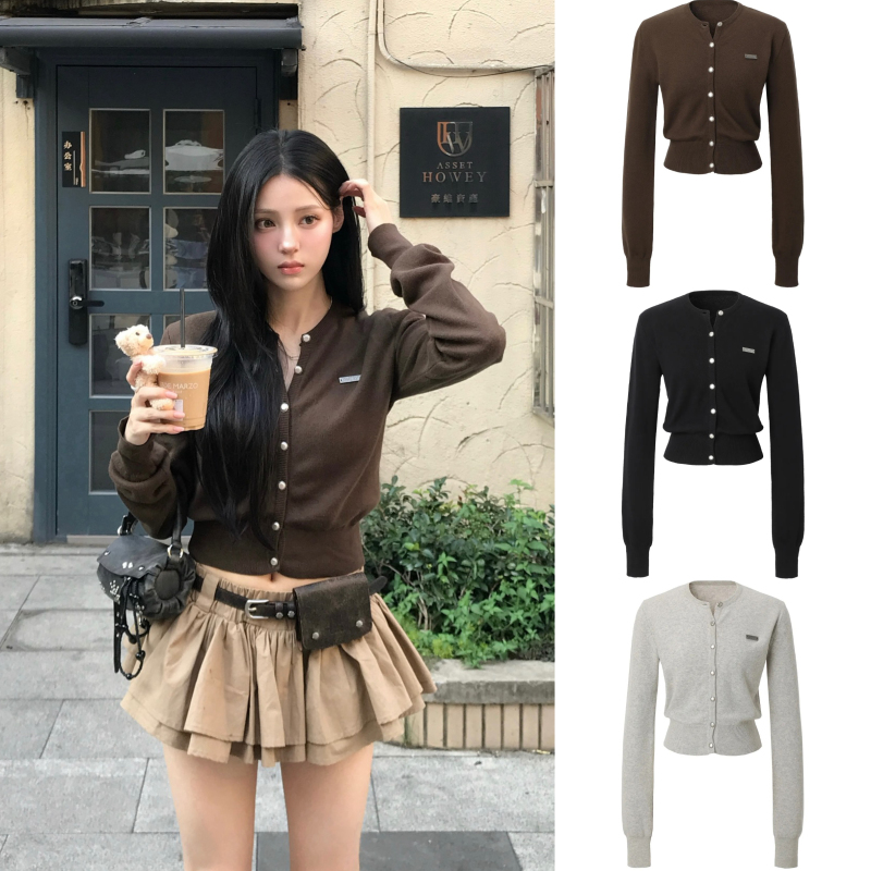Retro Style Versatile Pure Color Short Knitted Cardigan 25 Autumn Korean Khakipoint Same Design Sweater Top
