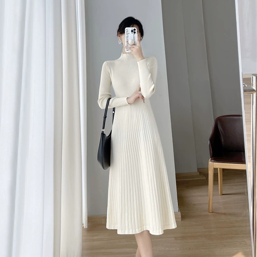 Демисезонное трикотажное платье, длинное шерстяное платье, высокий воротник, средней длины