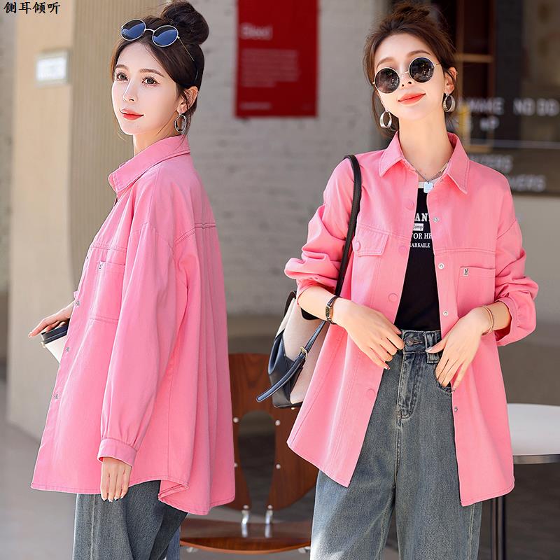 Rose Red Denim Shirt Jacket for Women, Spring and Autumn 2025 New Korean Style Loose Casual Versatile Long-Sleeved Shirt Top