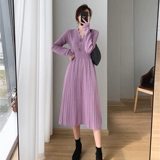 Трикотажное платье, приталенный корсет, длинное шерстяное платье, длинная юбка, V-образный вырез, городской стиль, длина миди