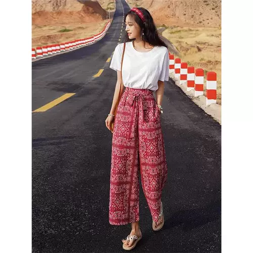 Этнические штаны, этнический стиль, цветочный принт, высокая талия, свободный прямой крой