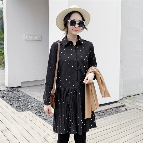 Осенний шифоновый лонгслив, платье, длинная базовая рубашка, в корейском стиле, средней длины