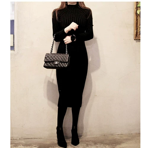 侧耳倾听 Осеннее модное трикотажное платье, свитер, длинная юбка, с акцентом на бедрах, облегающий крой, высокий воротник, увеличенная толщина