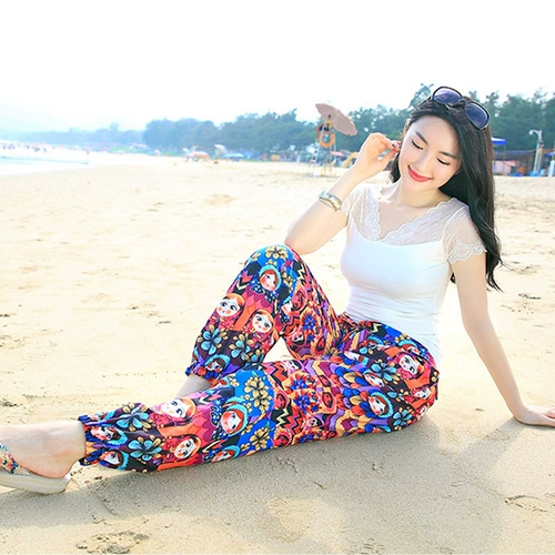 Пляжные весенние летние штаны, этнический фонарь, стиль бохо, свободный крой, этнический стиль, большой размер