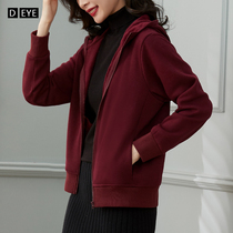 Plus velvet sweater womens cardigan 2021 autumn and winter new sports and leisure loose non-inverted velvet hooded wine red zipper jacket