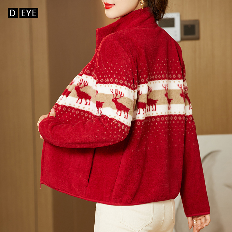 Fleece Jacket for Women, Autumn and Winter Style, Fleece Inner Layer, Red, Middle-Aged Mother's Clothing, Warm Stand-Up Collar Cardigan Sweatshirt