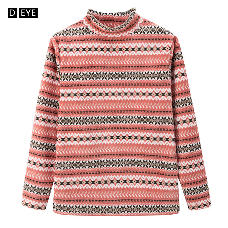 Polar fleece half turtleneck bottoming shirt women's autumn and winter print pattern plus velvet thick fleece warm top T-shirt