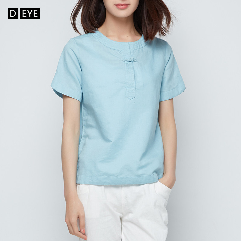 Summer women's cotton and linen short-sleeved T-shirt Chinese style plate button linen literary casual middle-aged mother shirt top