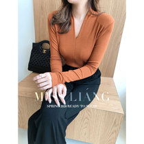 Miss Liang autumn and winter V-neck sweater Orange long-sleeved waist slim slim sweater womens base shirt with Korean version