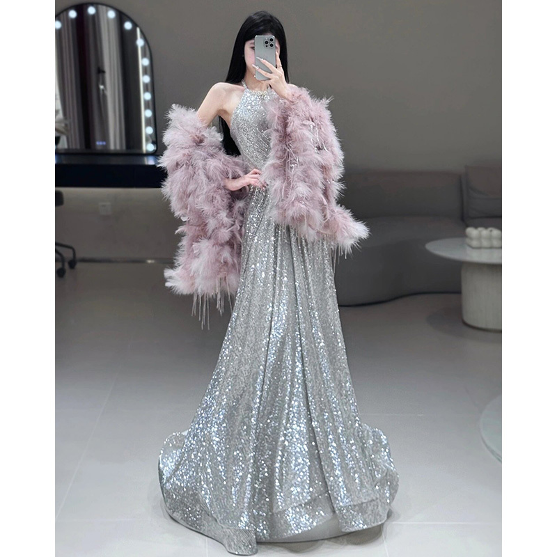 French-Style Halter Neck Toast Dress for Bride 2025 New Light Luxury Elegant Pink Feather Shawl Banquet Sequin Evening Dress