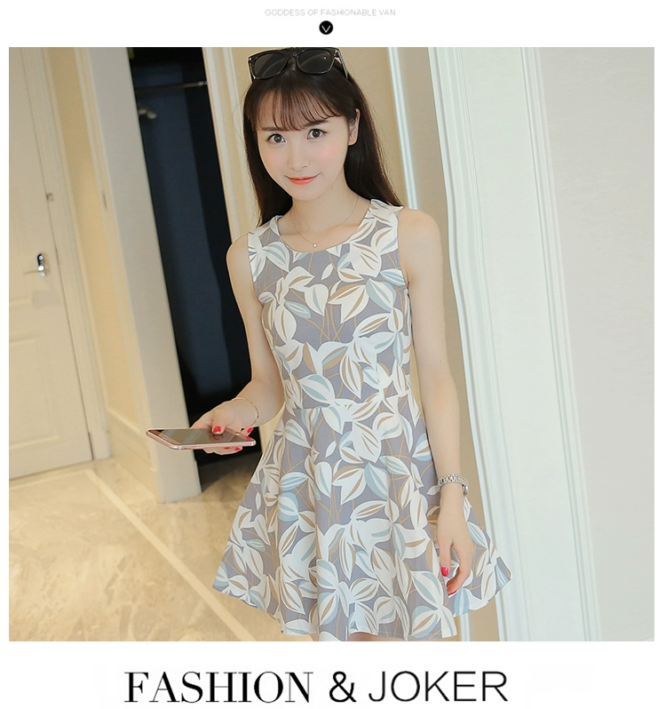 2018 Hàn Quốc phiên bản của mùa hè mới không tay in dress Một từ váy ngọt eo hoa ngắn vest váy phụ nữ