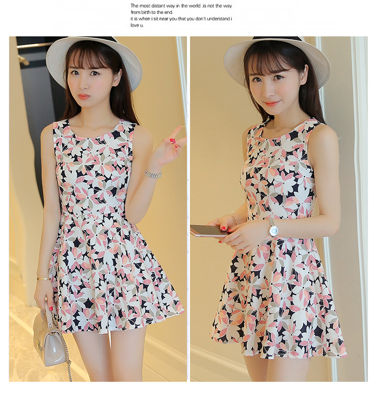 2018 Hàn Quốc phiên bản của mùa hè mới không tay in dress Một từ váy ngọt eo hoa ngắn vest váy phụ nữ váy xòe xếp ly