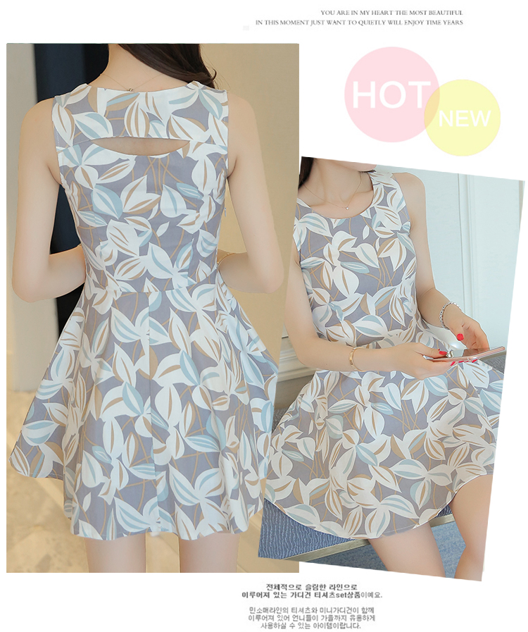 2018 Hàn Quốc phiên bản của mùa hè mới không tay in dress Một từ váy ngọt eo hoa ngắn vest váy phụ nữ váy xòe xếp ly