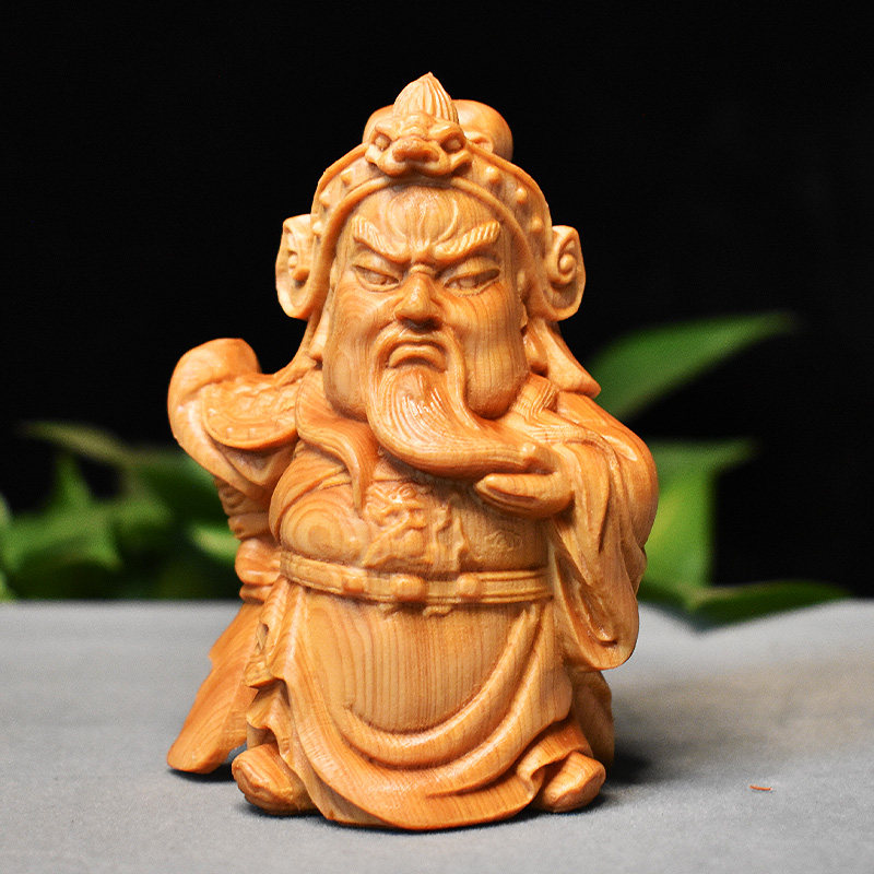 太行山崖柏关公摆件武财神手把件q版木雕刻羽关二爷模型手办公仔