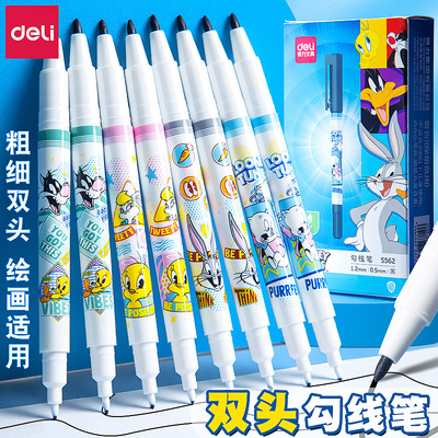 taobao agent Deli double -headed hook line brushwork, one -way student -style student uses art special water -based margin pen, black coarse head thin head, two children's hook edge, waterproof, waterproof kindergarten painting
