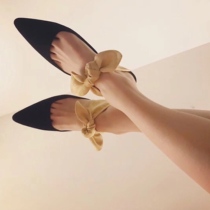 ins Super beautiful greasy giant wild cat with bow Muller shoes womens pointed net red mid-heel bag head half slippers