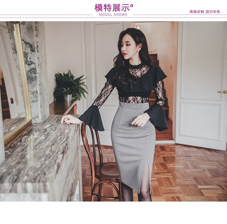 Đầm ren 2019 mùa xuân gợi cảm của phụ nữ siêu cổ tích nước ngoài áo sơ mi voan nhỏ phối cảnh đầm ren thắt đáy