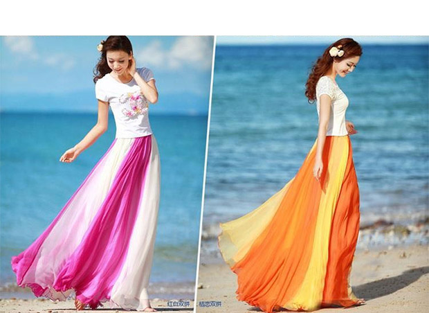 Đầm lụa vàng nửa dài mùa xuân đôi màu sắc phù hợp với áo ba lỗ xếp li cổ tích bãi biển hai chiếc váy xòe lớn mùa hè - Váy chân váy midi dài