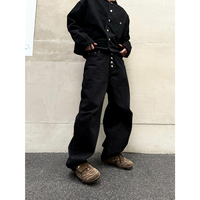 Eat New Autumn and Winter Style Buttoned Design High-Quality Black Raw Denim Jeans for Men, Loose Wide-Leg Scimitar Pants