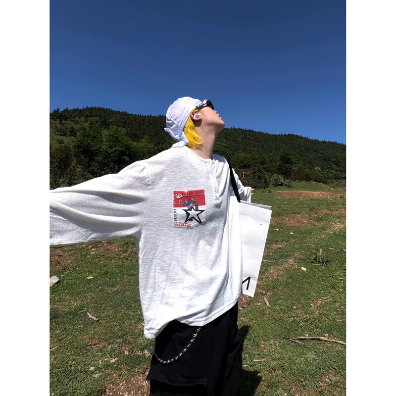Eat Five-Star Printed Half-Button Henry Collar Bamboo Cotton Long-Sleeve T-Shirt for Men and Women, Casual Lazy Style Loose Top Trendy Eat Five-Star Printed Half-Button Henry Collar Bamboo Cotton Long-Sleeve T-Shirt for Men and Women, Casual Lazy Style Loose Top Trendy