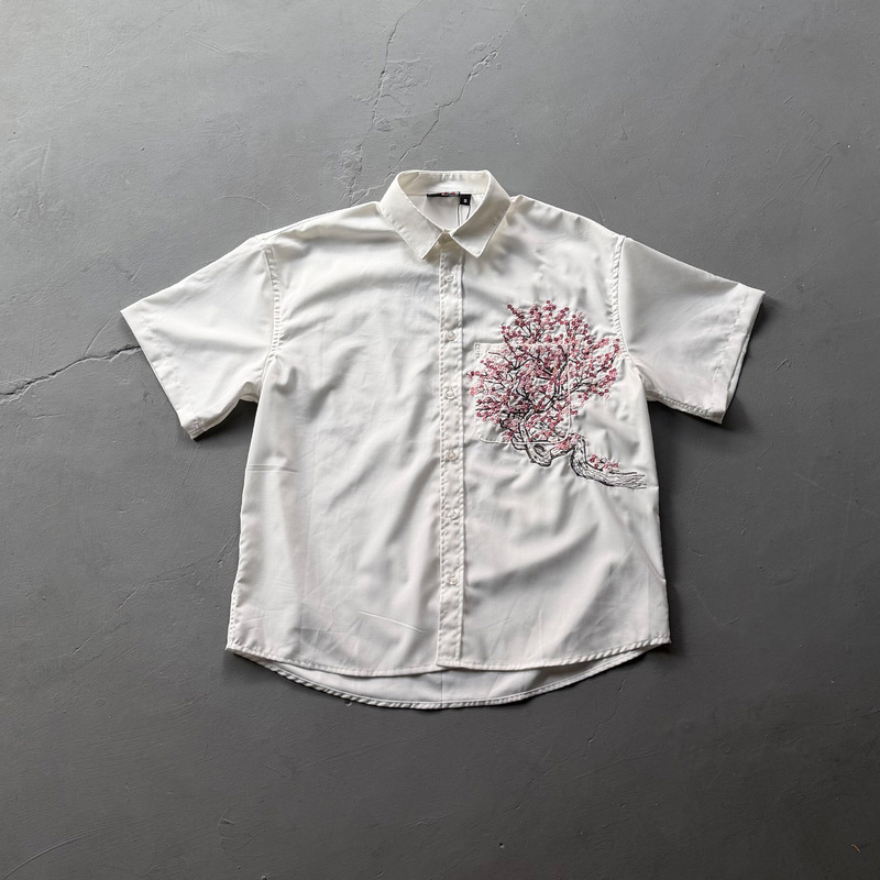 Cross-Border Derschutze Summer Cherry Blossom Embroidered Short-Sleeved Shirt Thin Jacket Loose Casual Shirt Trendy