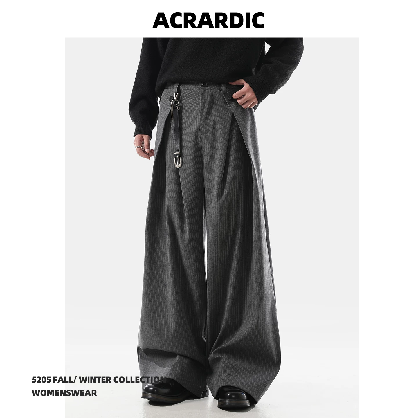 ACRARDIC2026 old money style gray pleated A-line wide-leg trousers for men and women silhouette commuting striped casual pants
