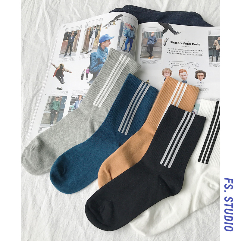 @ side less men's Korean version fall lovers cotton socks fashion three bars warm and long drum socks men 100 hitch socks