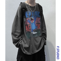 @ side less mens clothing port wind spring long sleeves T-shirt men loose casual Korean version trendy cartoon printed bottom blouse