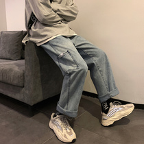 @ Fang Shao mens autumn Hong Kong wind big pocket washed old jeans men Korean ins loose straight pants tide