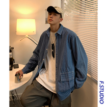@ square less mens fall Autumn Yuppie Handsome Denim Shirt Male Stripes Loose Day Ensemble Retro Pocket Casual Tooling Lining
