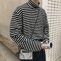  @Fangshao mens autumn and winter half-turtleneck loose striped casual bottoming shirt Korean version of the couple Harajuku long-sleeved T-shirt tide