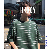 @Fangshao Mens Hong Kong style summer trendy mens striped short-sleeved T-shirt Japanese loose student half-sleeved sea soul shirt