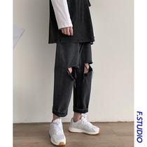 @Fangshao mens clothing Hong Kong style summer new black hole nine-point pants Korean version of beggar pants loose jeans trend