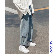 @ Fang less Mens Spring Summer Han Edition Leisure Breaking Hole Straight Barrel Jeans Mens Youth Trend Pendant Old Daddy 90% Pants