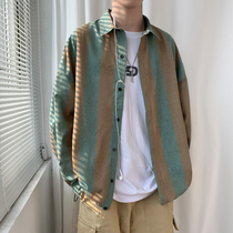 @Fangshao mens clothing Hong Kong style autumn trend personality fashion long-sleeved shirt youth loose handsome striped shirt men