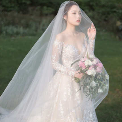 长拖尾一字肩森系轻婚纱礼服新娘2018新款长袖蕾丝公主性感宫廷春-tmall.com天猫