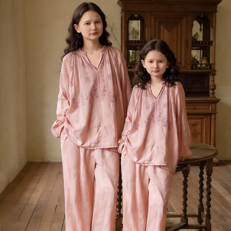 Lmsj Mother-Daughter Matching Pajamas Pure Cotton A-Class Spring and Autumn Thin Embroidered Girls' Children's Loungewear Set Summer