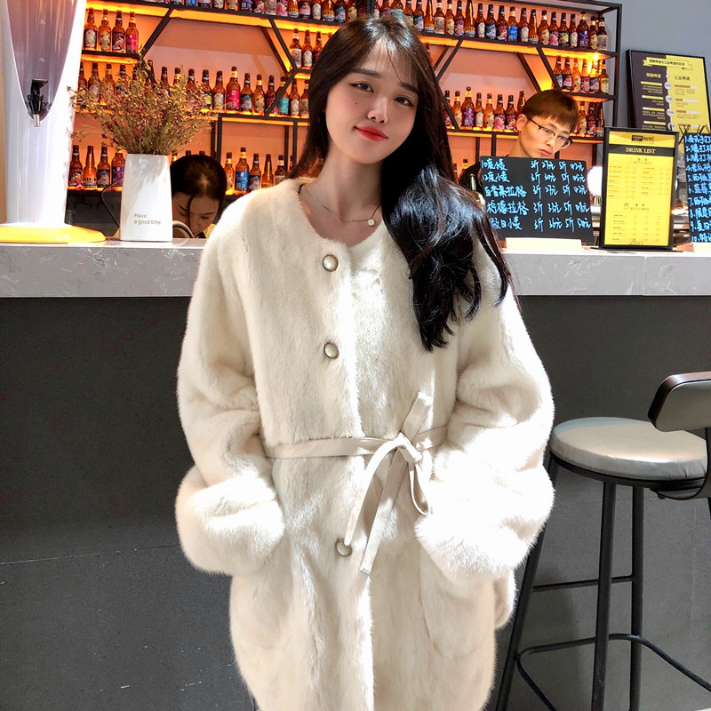 2021 winter new imported whole skin mink fur round neck mid-length version whole mink mink fur coat young style fur
