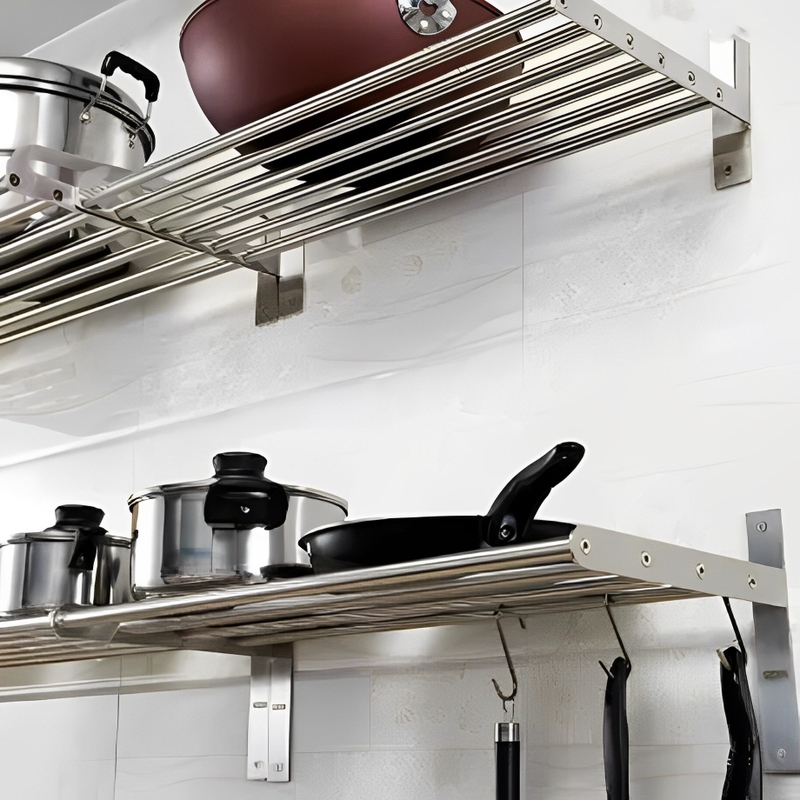 304 Stainless Steel Storage Rack Kitchen Hanging Rod Bracket Wall-Mounted Thickened Premium Towel Rack Storage Shelf with Drilling Installation