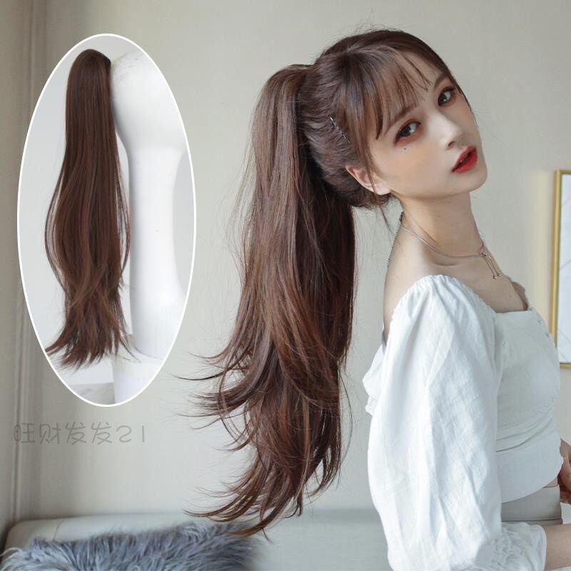 Real Hair Horse Tail Wig Woman Long Hair Tail Micro Roll Strap Style Grip Clip Style Long Straight Hair High Ponytail Wig