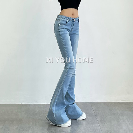 90s retro sexy low-waist bell-bottom hot girl raw edge slim stretch tight bootcut jeans pants floor mopping pants